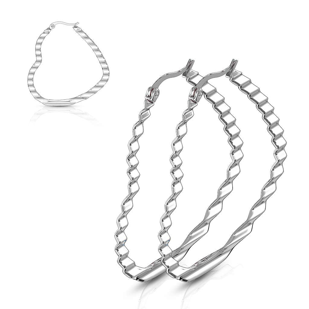 1 Paar Damen HERZ CREOLEN WELLEN-DESIGN Ohrringe Ohrstecker Chirurgenstahl Silber 30/40/50mm