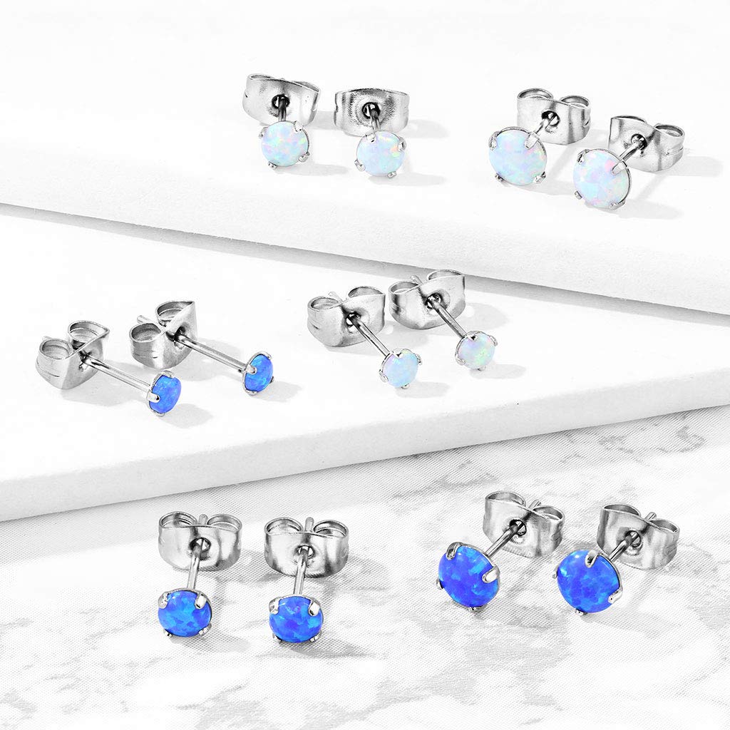 1 Paar Ohrringe Runder Opal-Design Stein 3mm 4mm 5mm Ohrstecker Chirurgenstahl Silber Opal-Blau Opal-Weiß