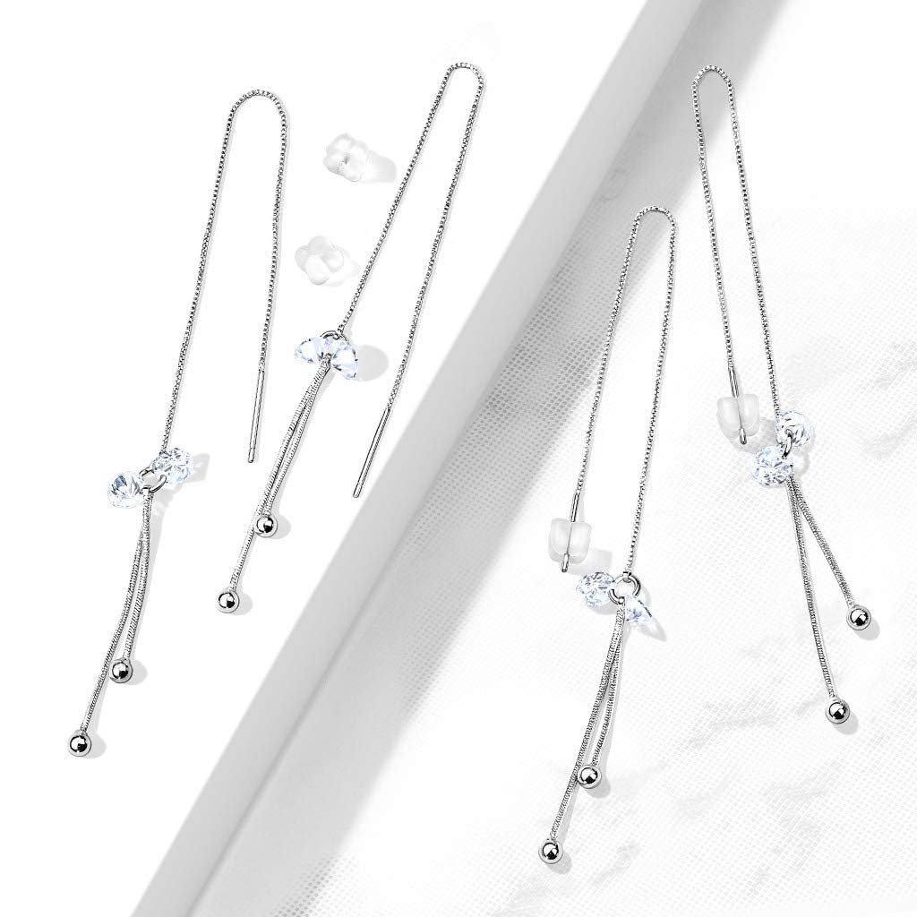 1 Paar Damen Durchzieher Ohrringe Doppel-Zirkonia Doppel-Kette Ohr-hänger e Ohrstecker Silber Clear