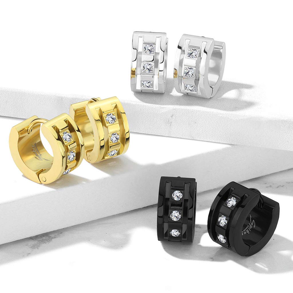 1 Paar Damen CREOLEN 3 Zirkonia Clear Ohrringe Ohrstecker Chirurgenstahl Gold Schwarz Silber 7mm