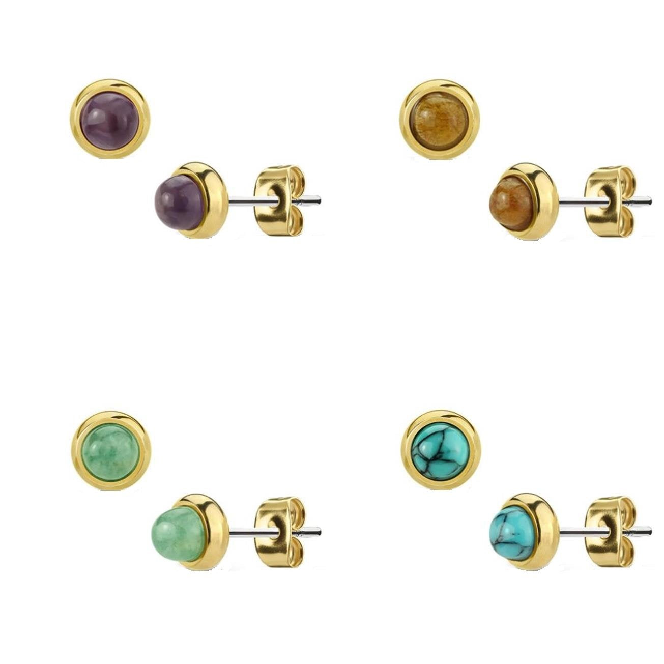 1 Paar Stud Ohrring Set Ohrstecker Chirurgenstahl vergoldet Halbedelsteine eingefasst Amethyst Grüne Jade Tigerauge Türkis