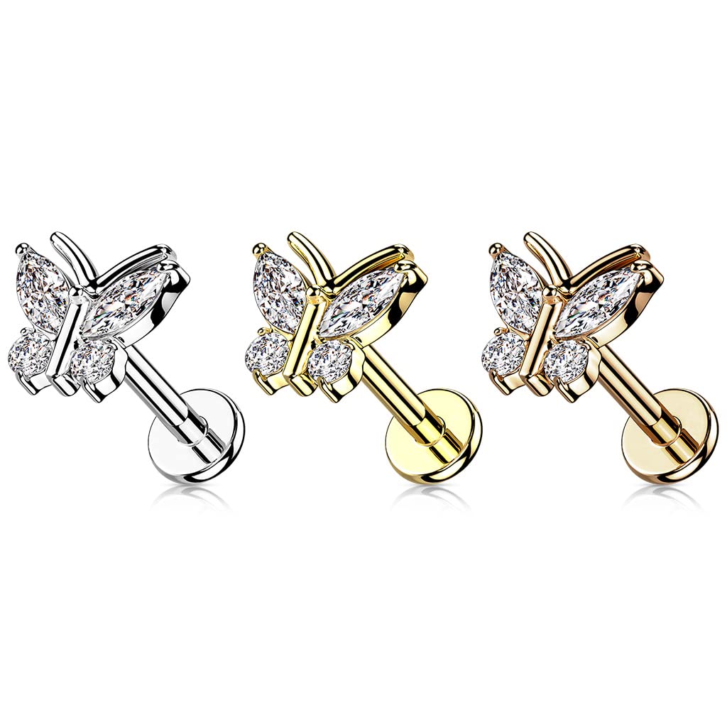 Knorpel Ohrstecker Schmetterling Silber Gold Roségold 4 Zirkonia Clear Piercings Chirurgenstahl Schraubverschluss Stab 6/8mm lang