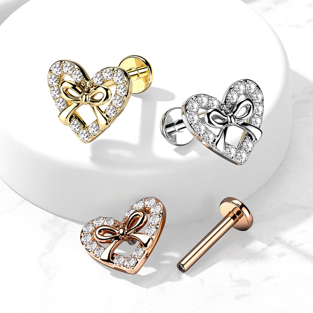 Knorpel Ohrstecker Herz Schleife Silber Gold Roségold Pavé Zirkonia Clear Piercings Chirurgenstahl Schraubverschluss Stab 6/8mm lang