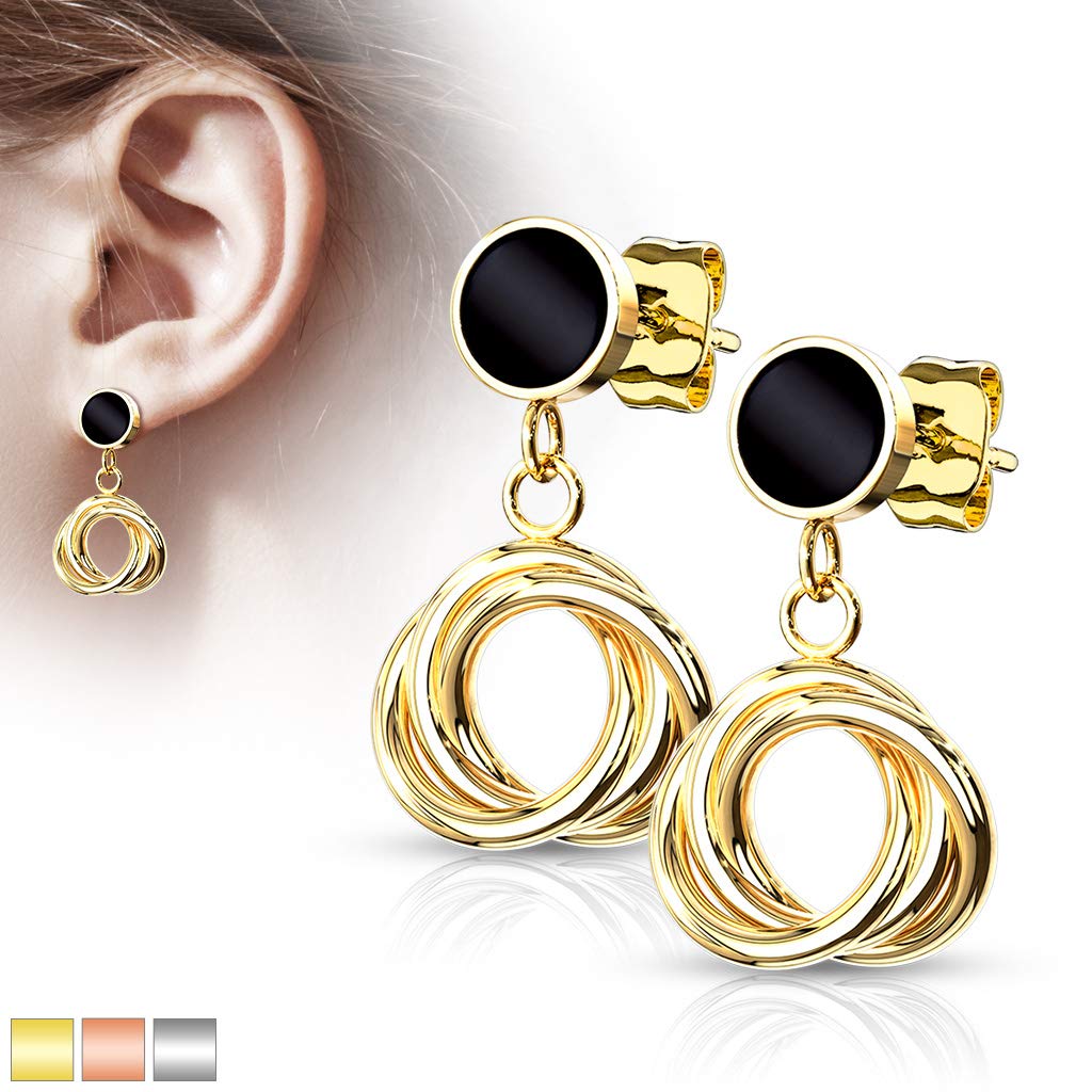 1 Paar Damen e Schwarze Emaille Anhänger verflochtene Kreise Ohrringe Ohrstecker Chirurgenstahl Gold Roségold Silber 12,3mm