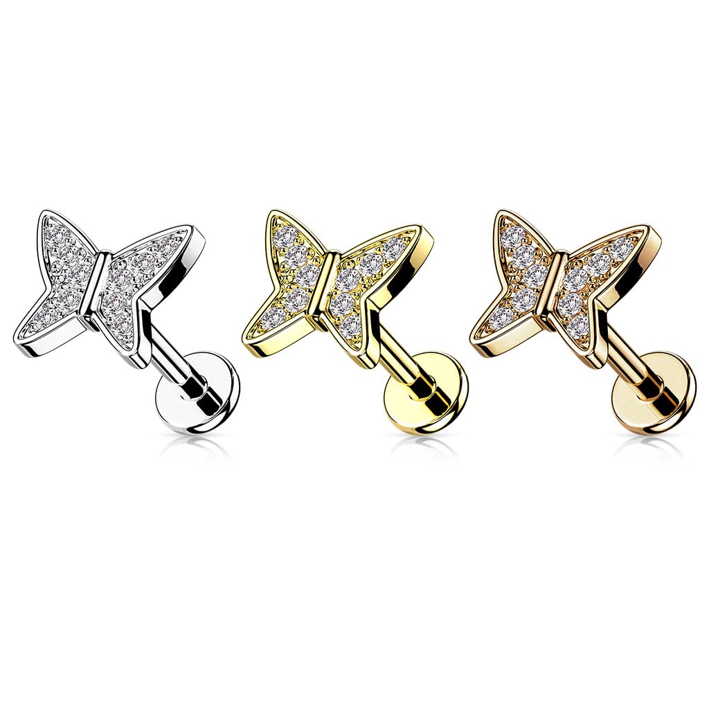 Knorpel Ohrstecker Schmetterling Silber Gold Roségold Pavé Zirkonia Clear Piercings Chirurgenstahl Schraubverschluss Stab 6/8mm lang