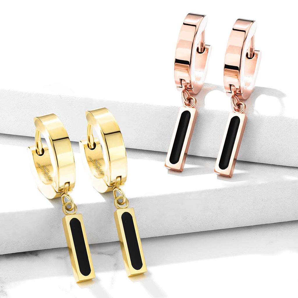 1 Paar Damen CREOLEN Anhänger schwarzer Balken Ohrringe Ohrstecker Chirurgenstahl Gold Roségold 28mm