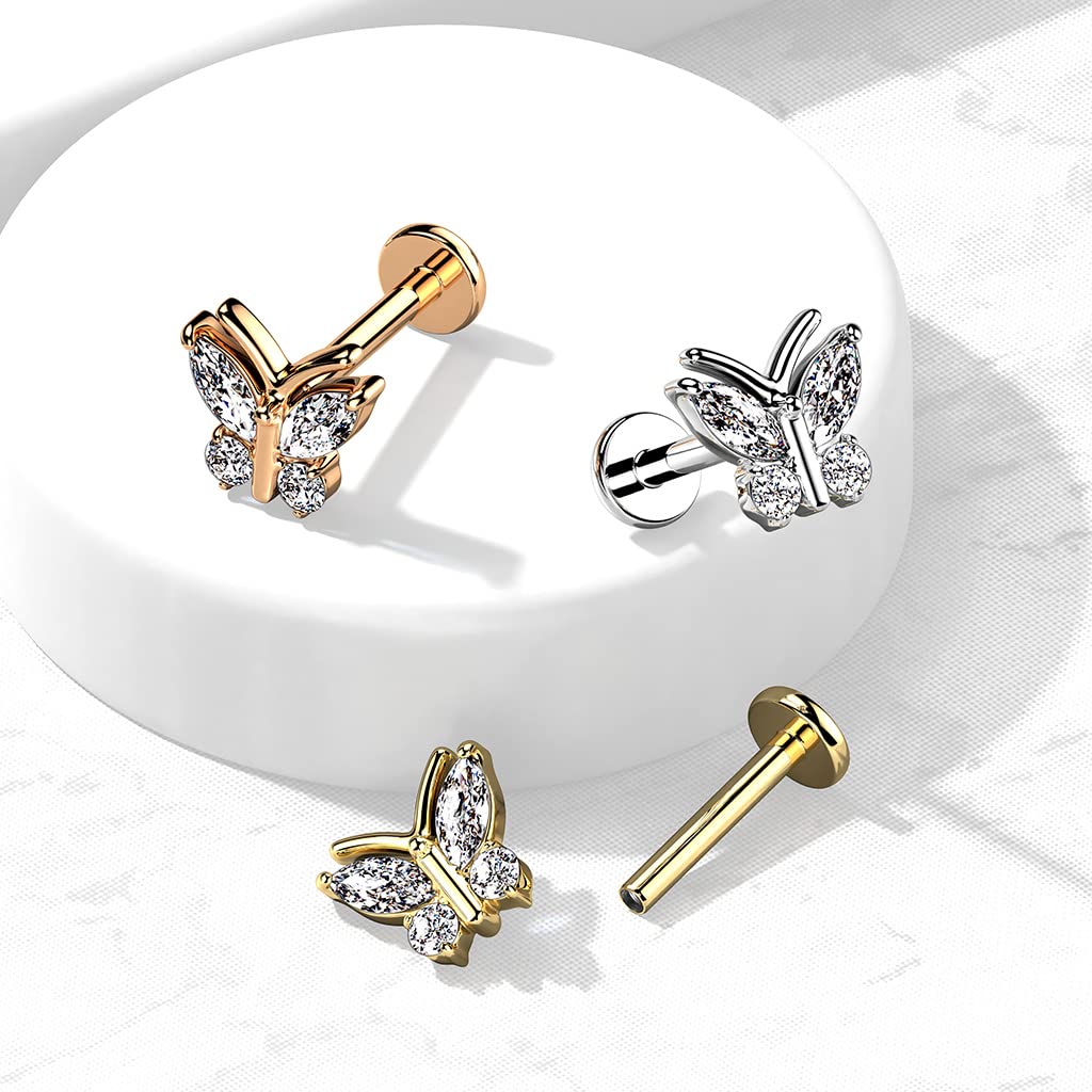 Knorpel Ohrstecker Schmetterling Silber Gold Roségold 4 Zirkonia Clear Piercings Chirurgenstahl Schraubverschluss Stab 6/8mm lang