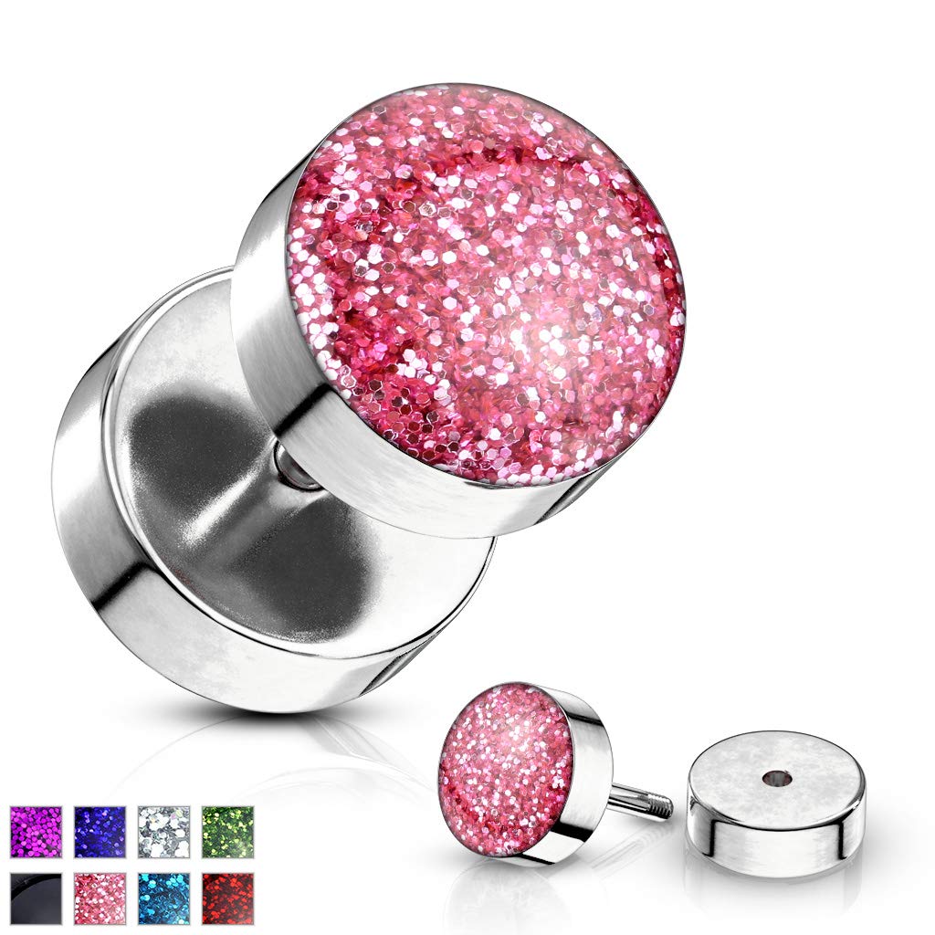 Fake Ohrplug Glitzer-Stein Ohrpiercing Ohrschmuck Chirurgenstahl Schraubverschluss Silber viele Farben 8mm