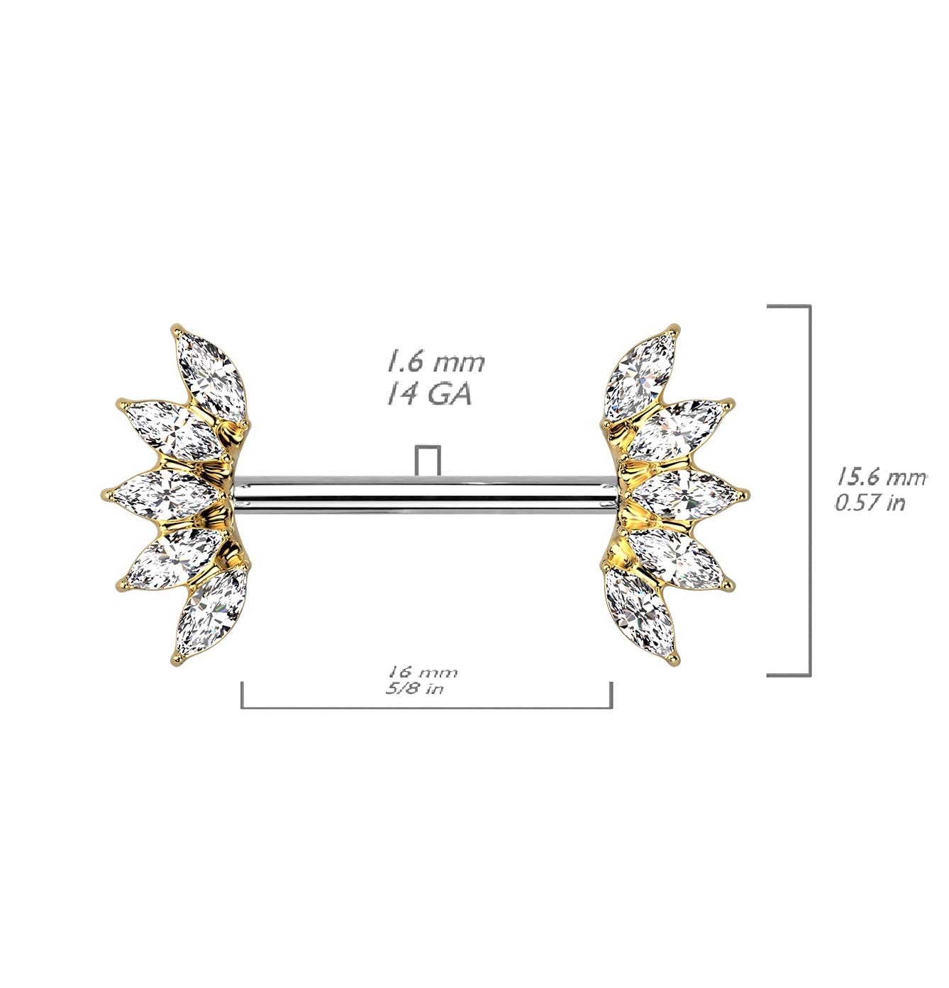 Brustwarzenpiercing Kristall-Fächer Zirkonia Clear Brustpiercing Nippelpiercing Chirurgenstahl Gold Roségold Stab 1,6/16mm