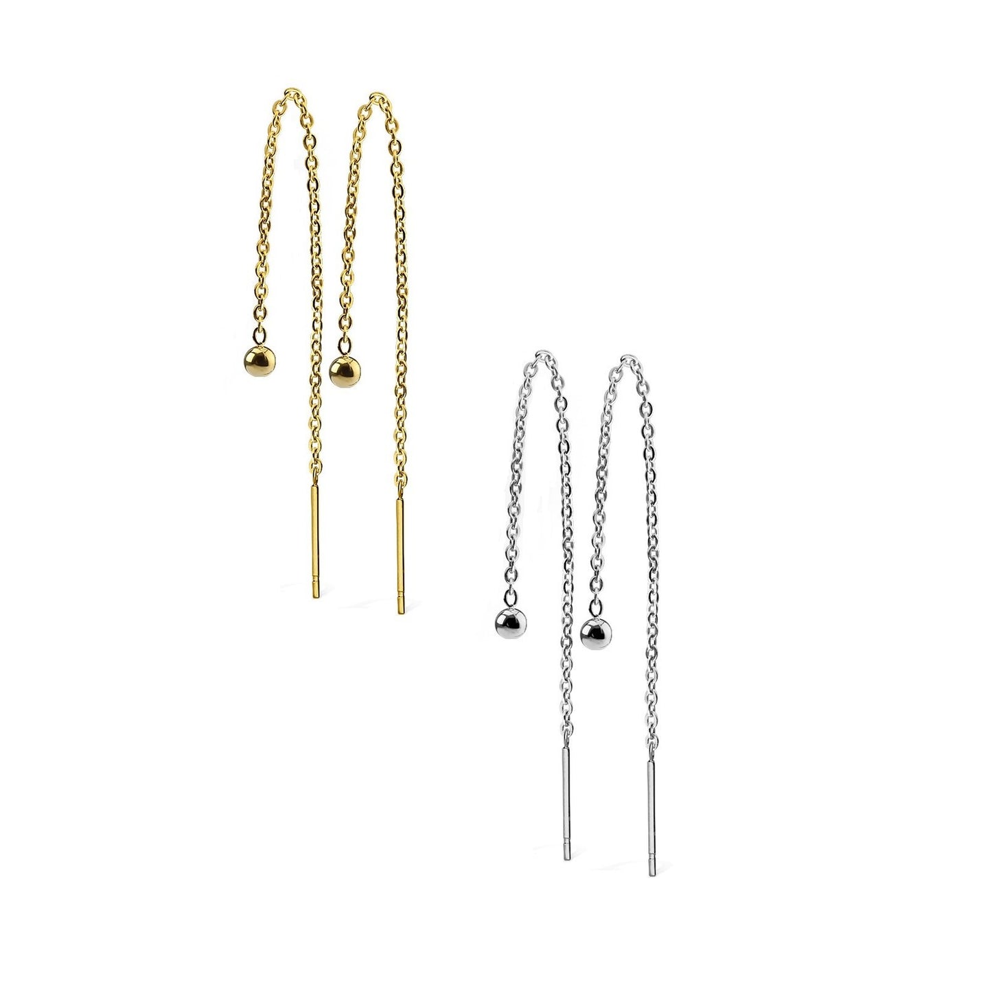 Damen 1 Paar Ohrhänger 1 Kugel 3mm lange hängende Kette 1 Stab Durchzieher Ohrringe Set Ohrstecker Chirurgenstahl Silber Gold