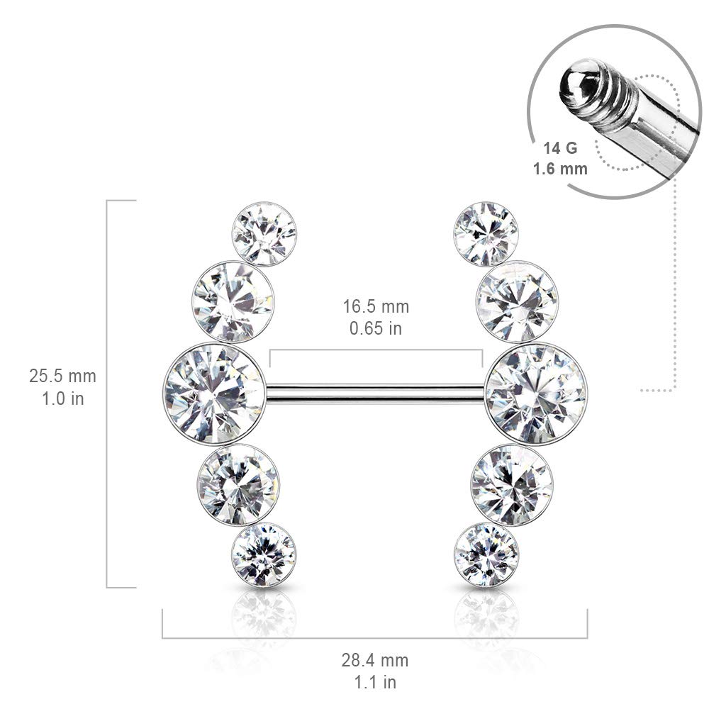 Brustwarzenpiercing 5 runde Kristalle Brustpiercing Intimpiercing Nippelpiercing Chirurgenstahl Silber viele Farben Stab 1,6/16mm