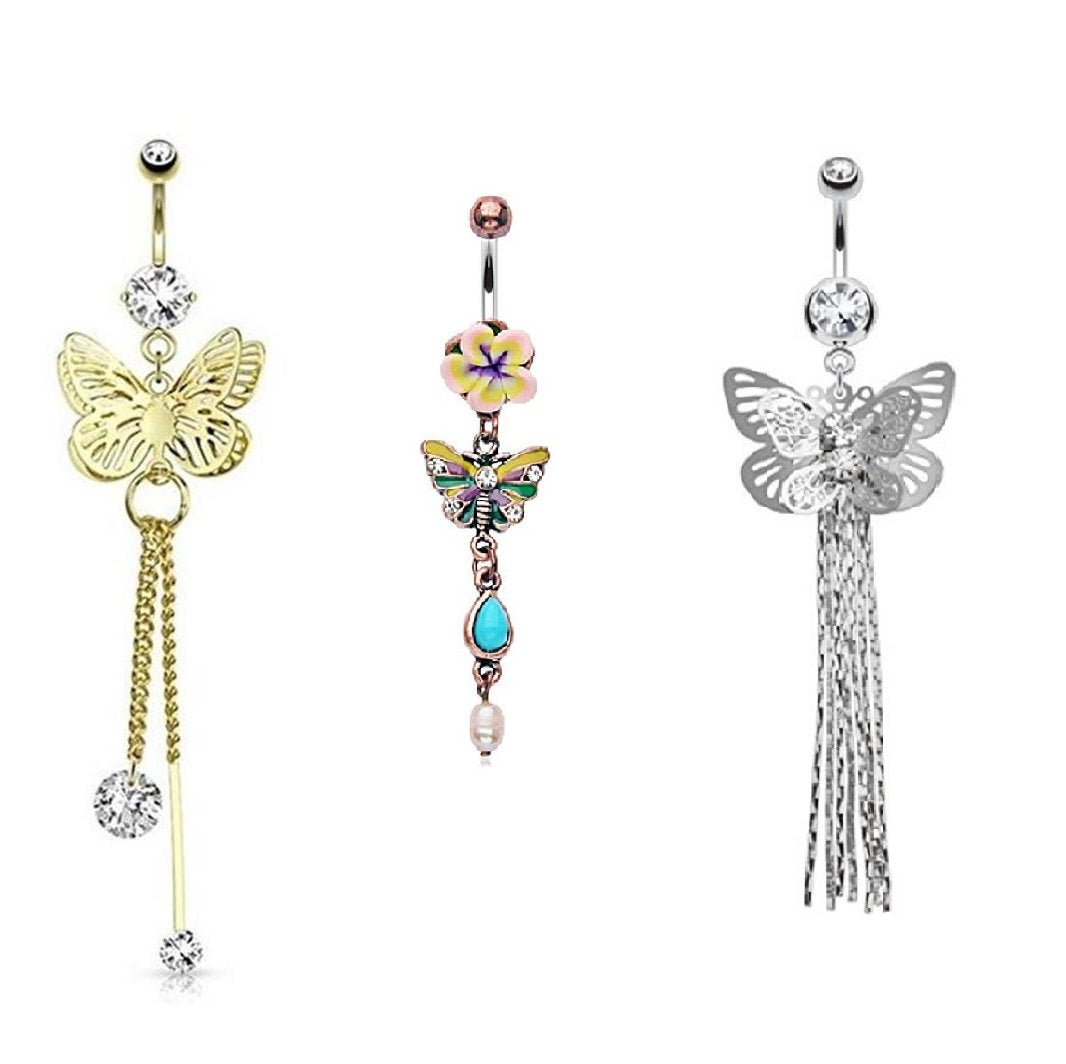 Bauchnabelpiercing Schmetterling Anhänger 1,6mm 10mm Nabelpiercing Chirurgenstahl Bananabell Zirkonia 14 Karat Gold Fimo Clear