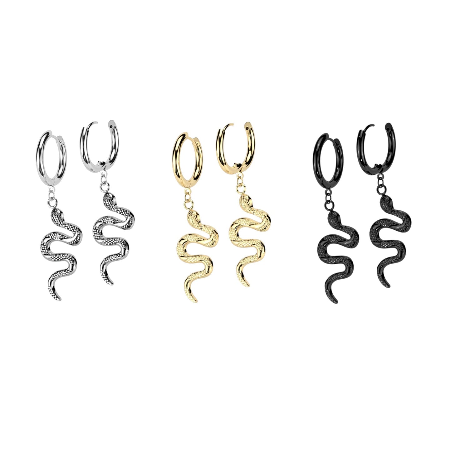1 Paar Damen Creolen Ohrhänger Schlangen-Anhänger Ohrringe Ohrstecker Silber Gold Schwarz