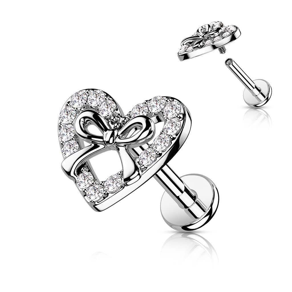 Knorpel Ohrstecker Herz Schleife Silber Gold Roségold Pavé Zirkonia Clear Piercings Chirurgenstahl Schraubverschluss Stab 6/8mm lang