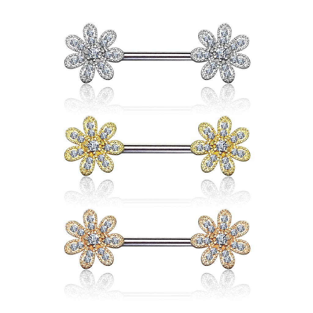 Brustwarzenpiercing Blumen Silber Gold Roségold Clear Brustpiercing Nippelpiercing Intimpiercing Chirurgenstahl Stab 14mm