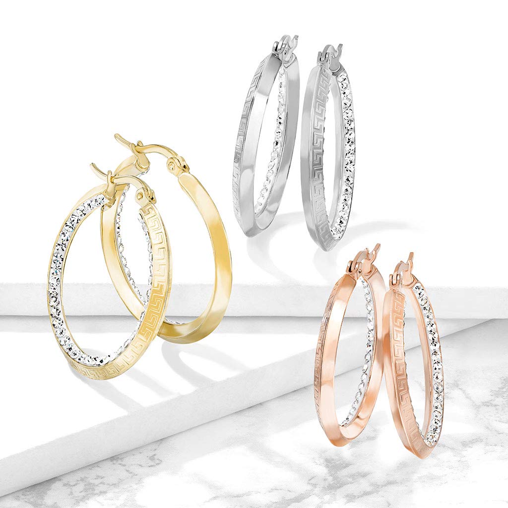 1 Paar Damen Ohrringe CREOLE Zirkonia-Rand innen Muster Ohrstecker Chirurgenstahl Gold Roségold Silber Clear 30mm