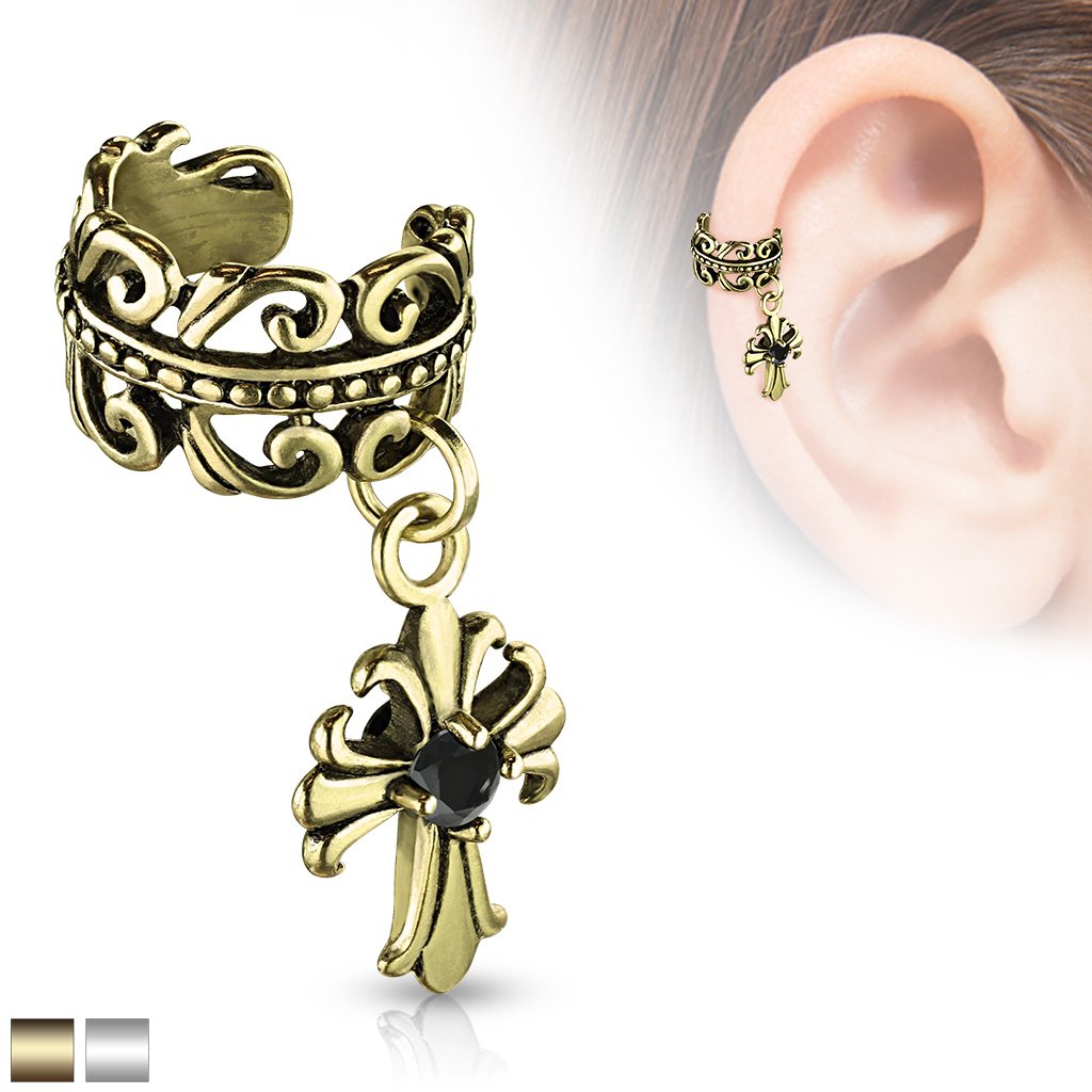 Ohrklemme KELTISCHES HERZ FLEUR DE LIS Kreuz Anhänger Ohrringe Ohrclip Fake-Piercing Messing Silber Gold