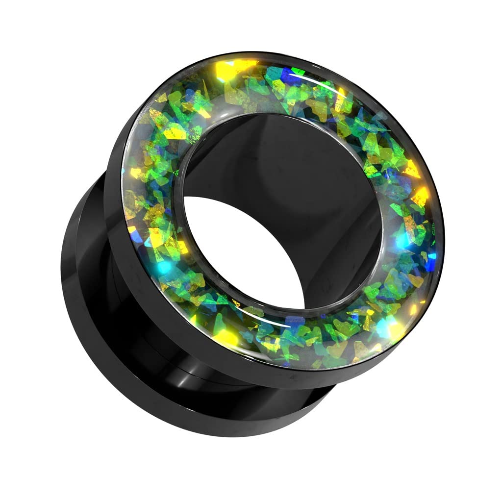 Ohrtunnel Schwarz Opal-Glitzer Rand Grün Chirurgenstahl Ohrpiercing Ohrschmuck Plug Screw Fit Schraubverschluss 8-16mm