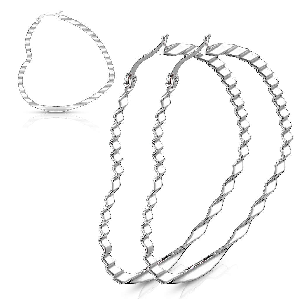 1 Paar Damen HERZ CREOLEN WELLEN-DESIGN Ohrringe Ohrstecker Chirurgenstahl Silber 30/40/50mm