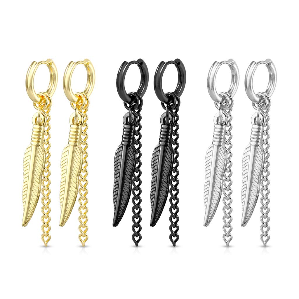 1 Paar Damen Ohrringe CREOLE Feder-Ketten Anhänger 2mm breit Ohrstecker Chirurgenstahl Gold Schwarz Silber 8mm