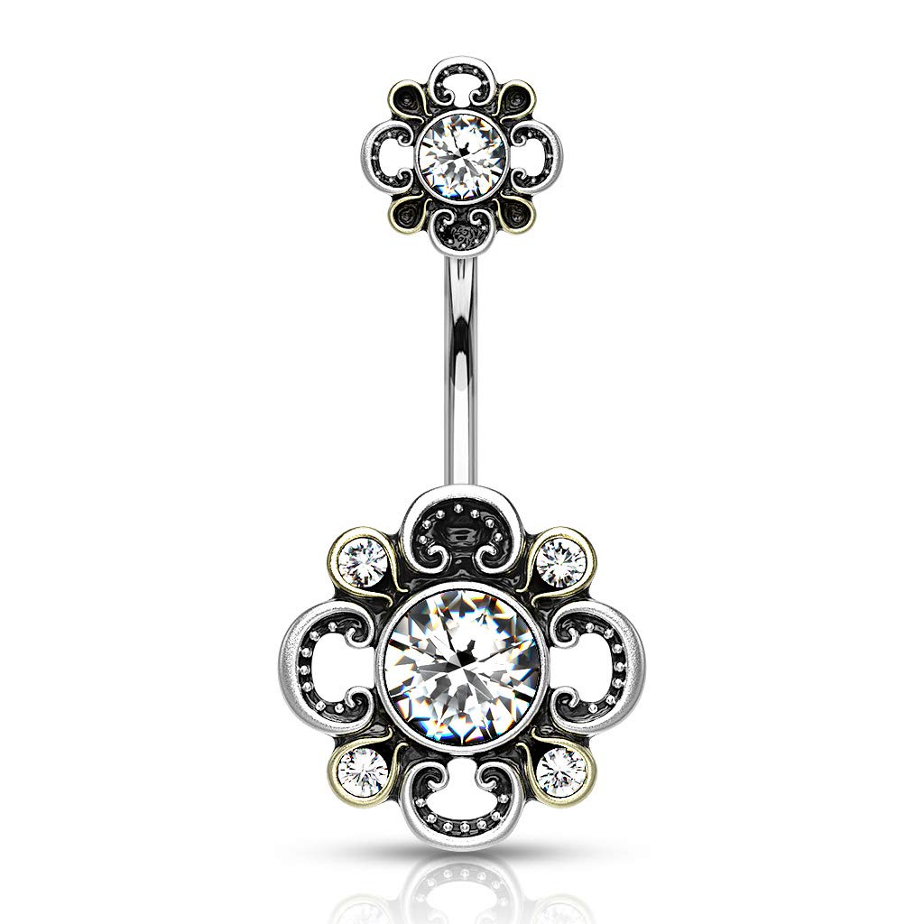 Bauchnabelpiercing Filigrane Blume 6 Zirkonia Nabelpiercing Chirurgenstahl Bananabell viele Farben Stab 1,6/10mm