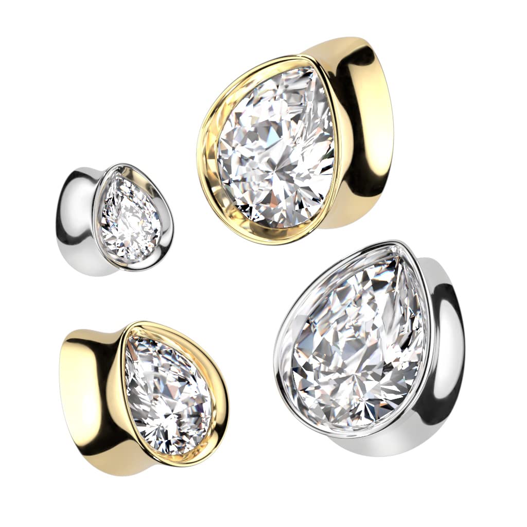 Ohrtunnel Silber Gold Tränen-tropfen Zirkonia Clear Chirurgenstahl Ohrpiercing Ohrschmuck Plug Sattelverschluss 8-16mm
