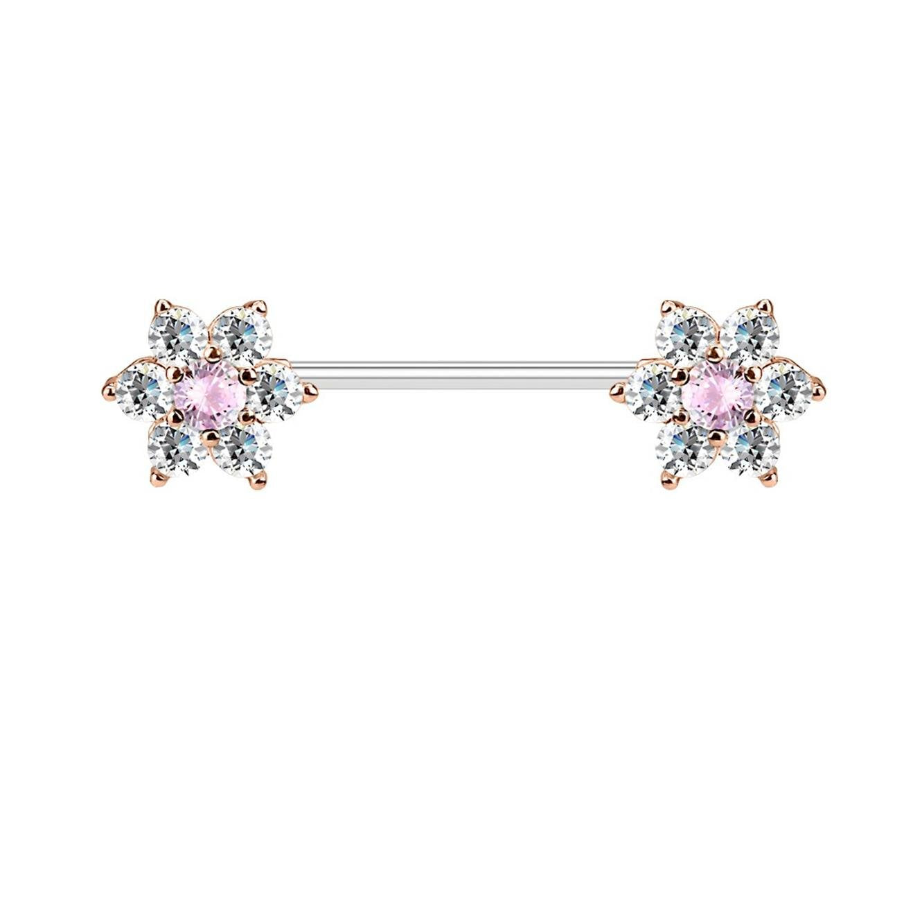 Brustwarzenpiercing GLITZERNDE ZIRKONIA-Blumen Brustpiercing Edelstahl Silber Roségold Gold Clear Pink Aqua Lila Blau 1,6mm 16mm