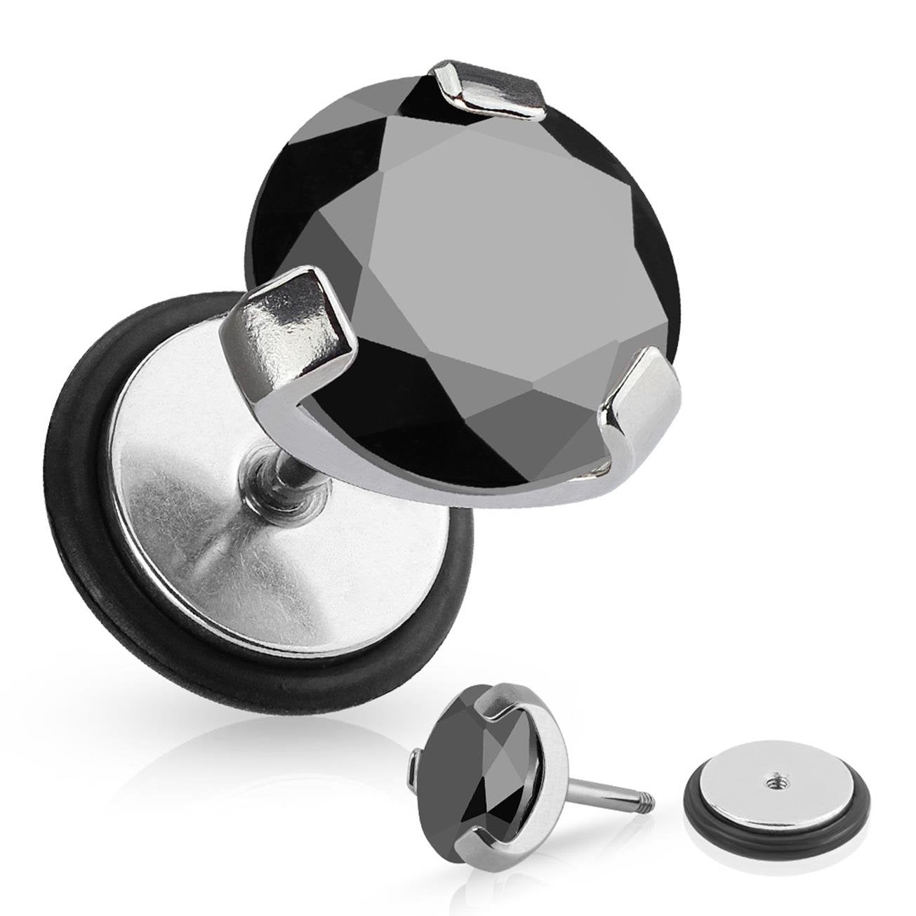 Fake Ohrplug GROSSER KRISTALL Ohrpiercing Ohrschmuck Chirurgenstahl Schraubverschluss Schwarz Silber 6-9mm