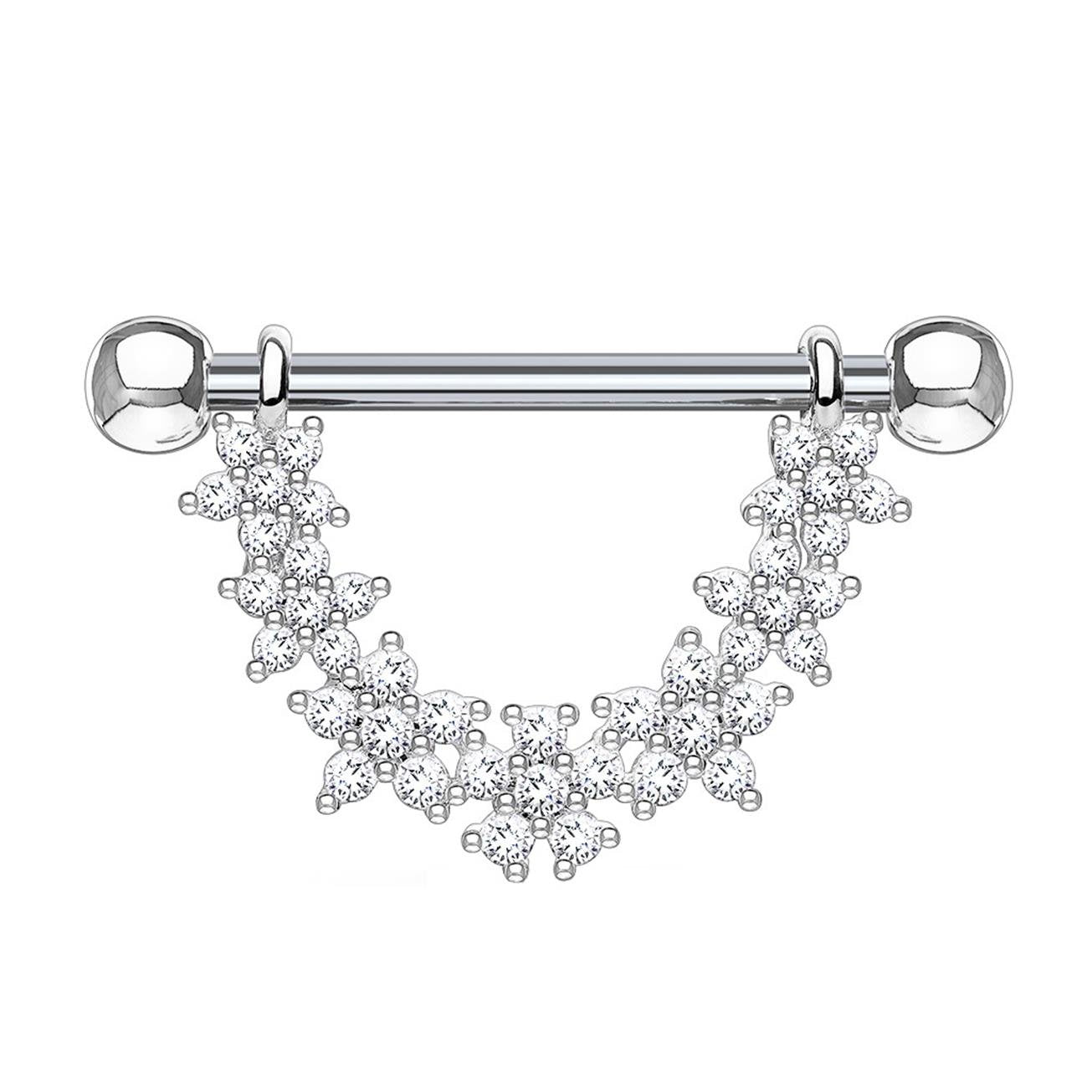 ZIRKONIA-Blumen Bogen Brustwarzenpiercing Brustpiercing Intimpiercing Edelstahl Silber Gold Roségold Clear Stab 1,6mm 14mm