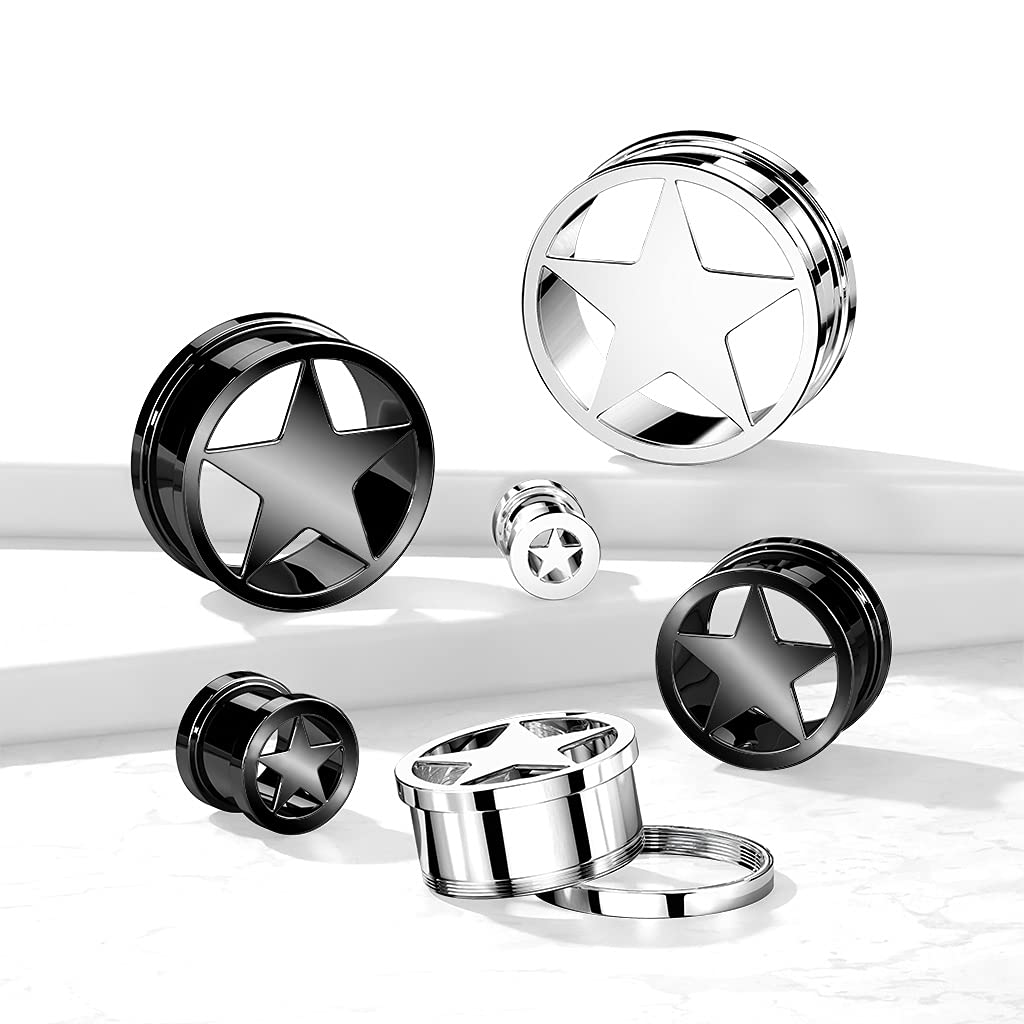 Ohrtunnel Stern Silber Schwarz Chirurgenstahl Ohrpiercing Ohrschmuck Plug Screw Fit Flesh Schraubverschluss 6-25mm