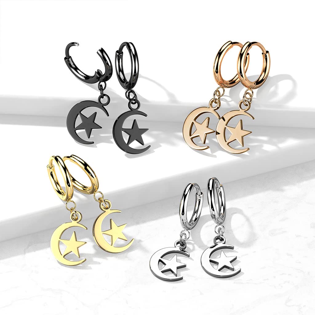 1 Paar Damen Creolen Ohrhänger Halb-Mond Stern-Anhänger Ohrringe Ohrstecker Chirurgenstahl Silber Gold Schwarz Roségold