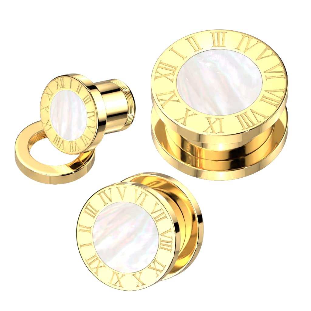 Ohrtunnel Gold Römische Zahlen Perlmutt Zentrum Chirurgenstahl Ohrpiercing Ohrschmuck Plug Screw Fit Schraubverschluss 8-16mm