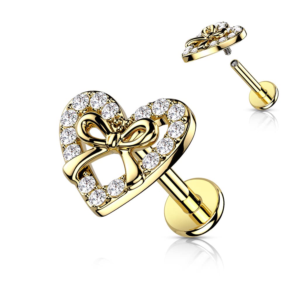 Knorpel Ohrstecker Herz Schleife Silber Gold Roségold Pavé Zirkonia Clear Piercings Chirurgenstahl Schraubverschluss Stab 6/8mm lang