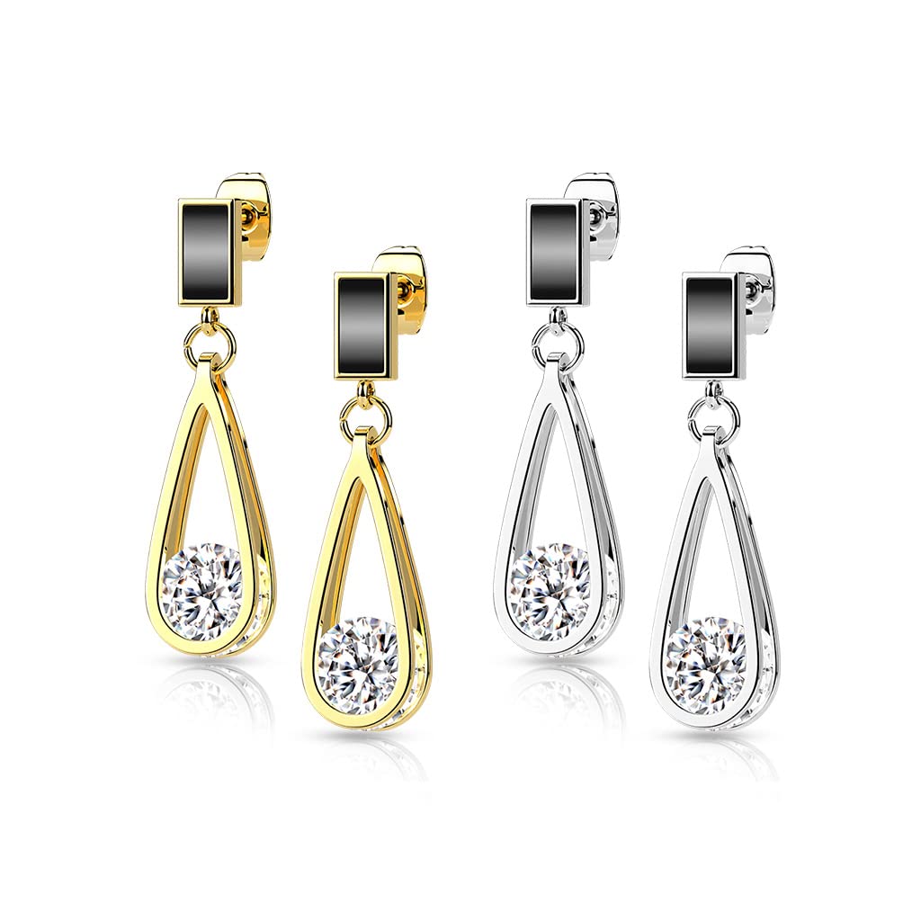 1 Paar Damen Ohrstecker schwarzer Enamel Tropfen-Anhänger Zirkonia Clear Chirurgenstahl Ohrringe Ohrhänger Silber Gold