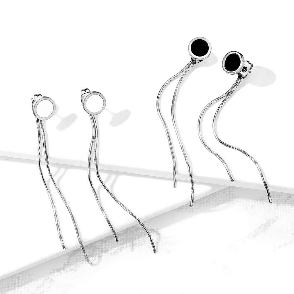 1 Paar Damen Ohrringe Enamel Kreis 8mm Ketten Anhänger e Ohrstecker Chirurgenstahl Weiß Schwarz Silber Länge 65,7mm
