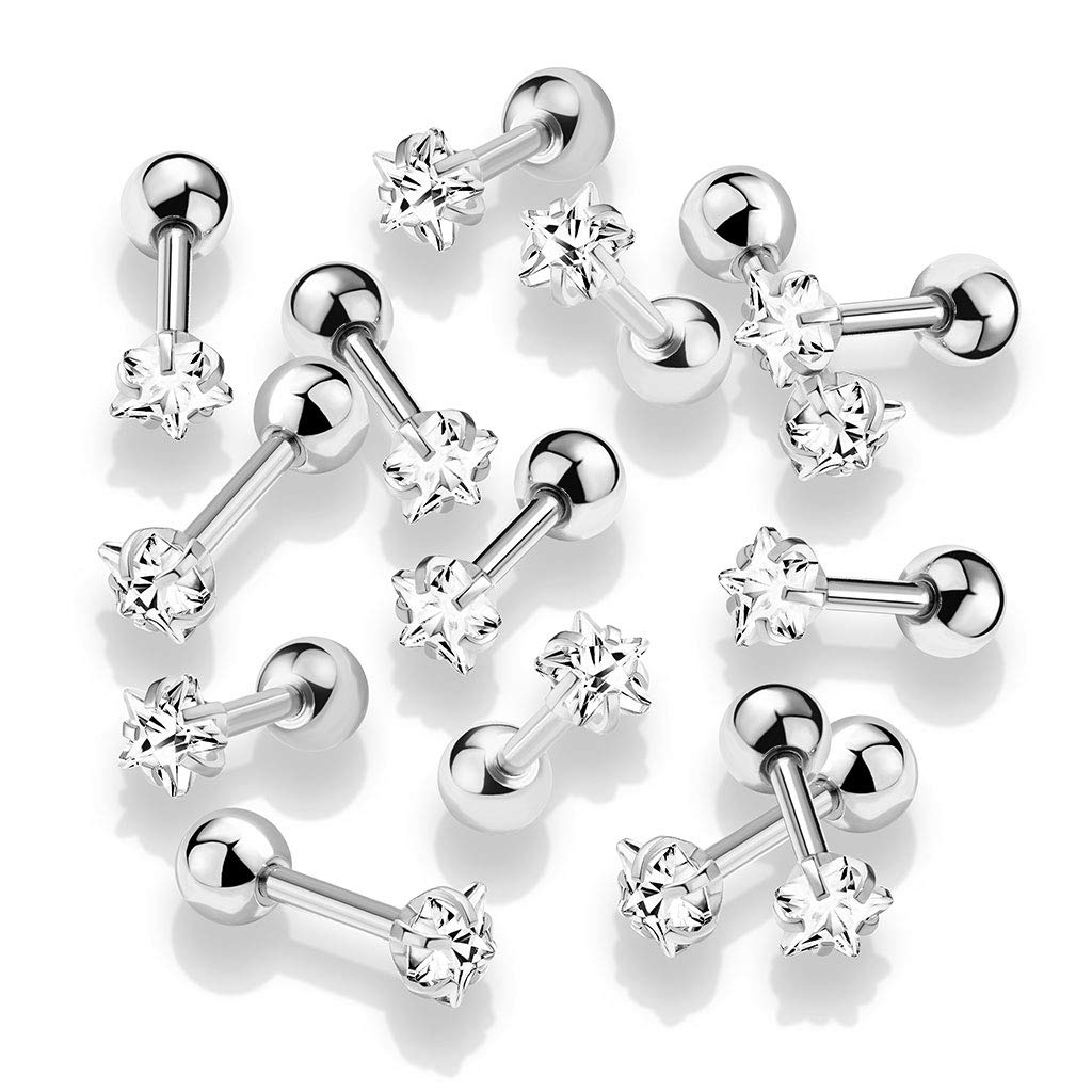 1 Knorpel Ohrstecker Zirkonia Clear 3/4mm Stern Cartilage Labret Piercing Tragus viele Farben Edelstahl Schraubverschluss Steg 6mm