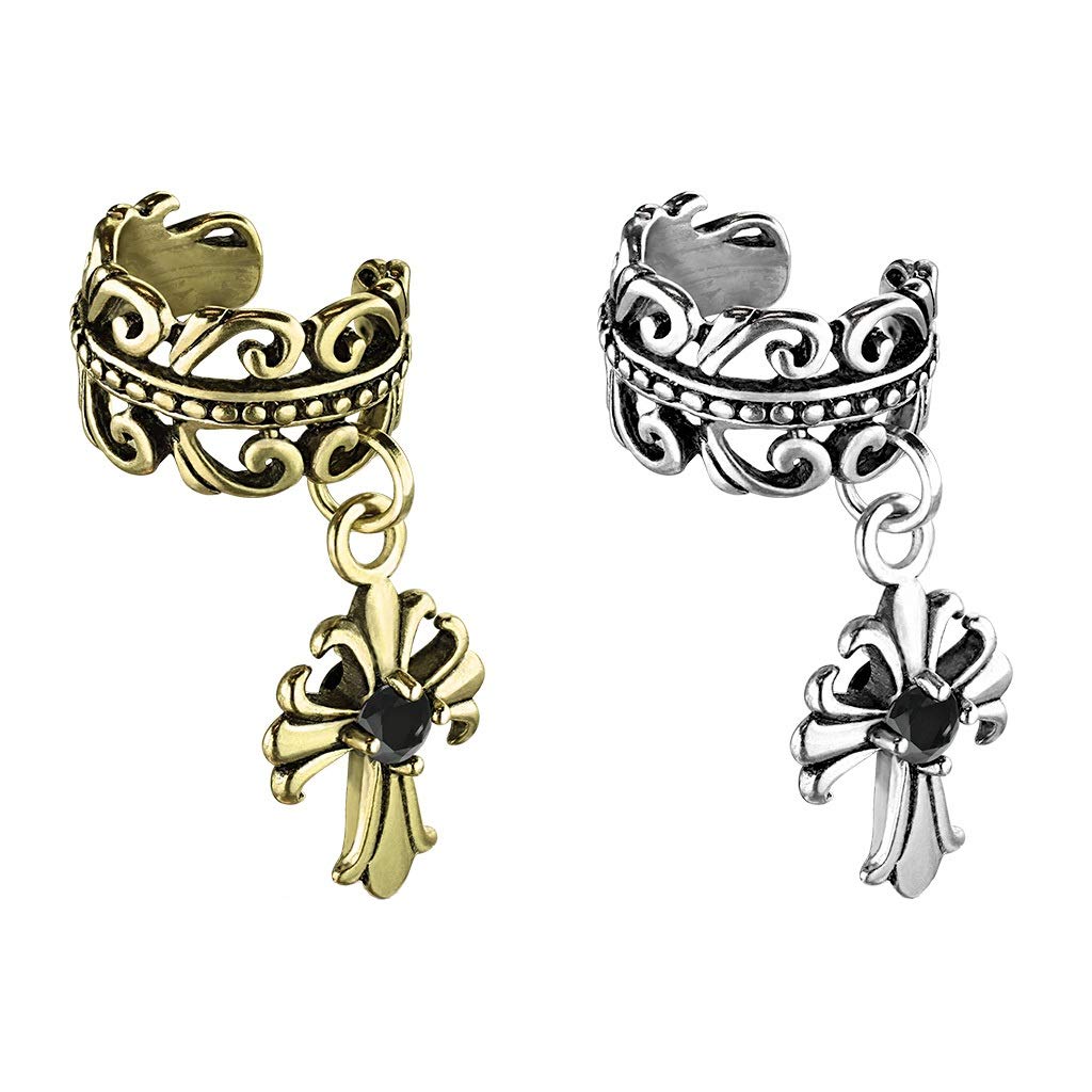 Ohrklemme KELTISCHES HERZ FLEUR DE LIS Kreuz Anhänger Ohrringe Ohrclip Fake-Piercing Messing Silber Gold