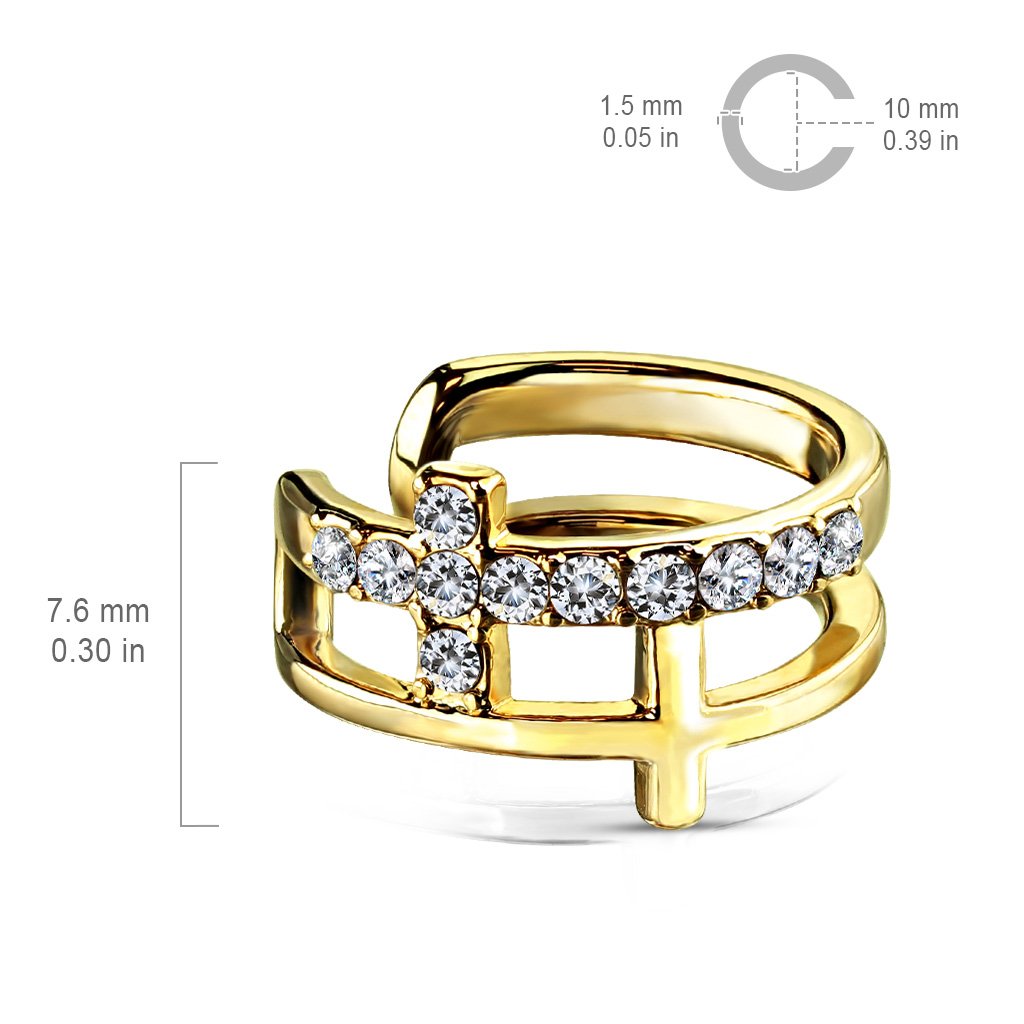 Ohrklemme DOPPEL KREUZ PAVÉ ZIRKONIA clear Ohrringe Ohrclip Fake-Piercing Messing Silber Gold Roségold