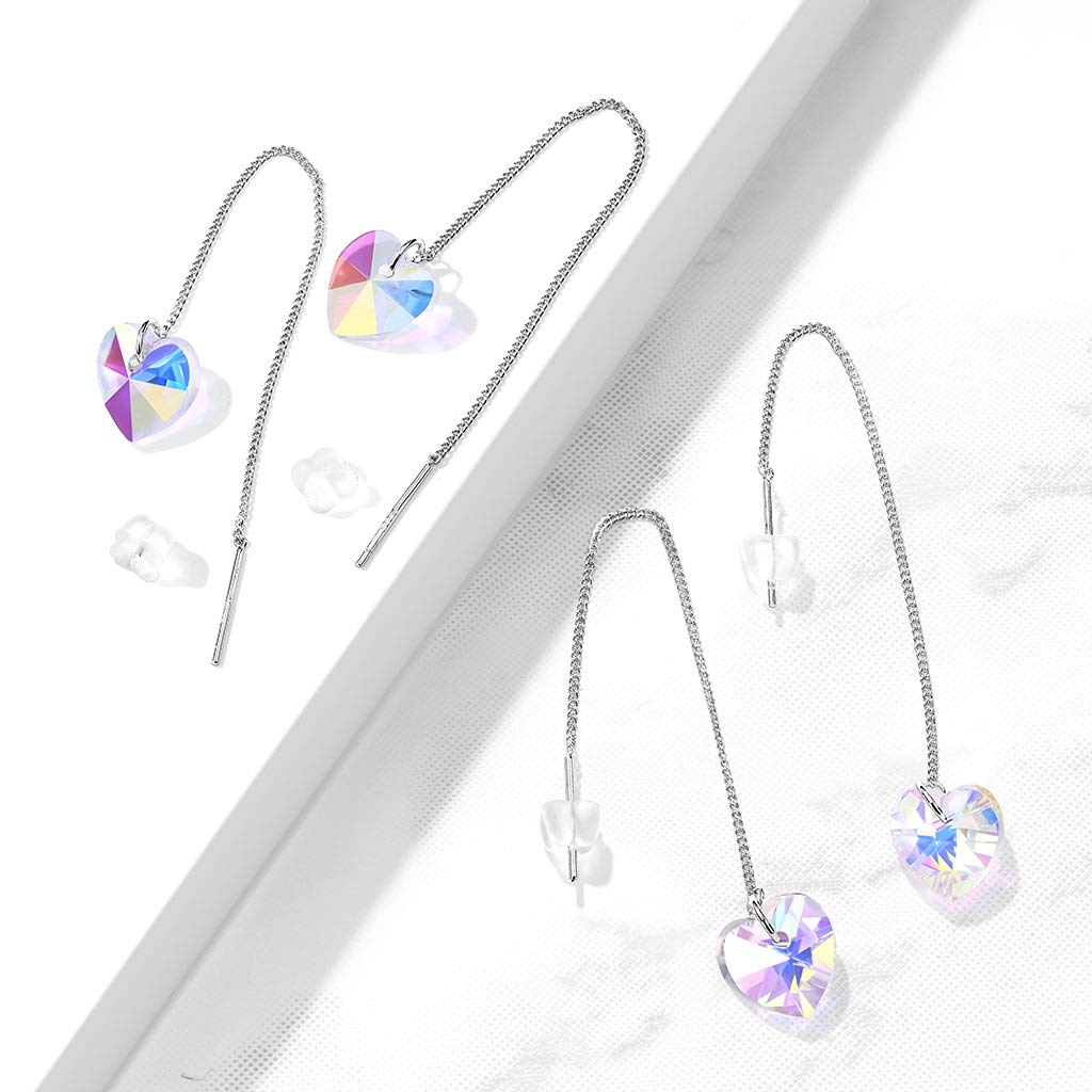 1 Paar Damen Durchzieher Ohrringe facettierte Regenbogen-Herzen Ohr-hänger e Ohrstecker Silber