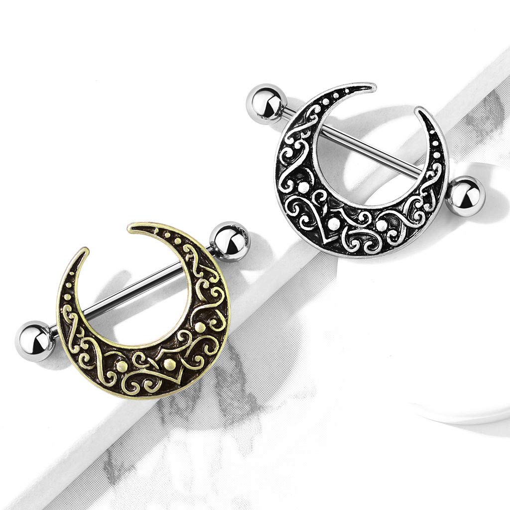 Brustwarzenpiercing Vintage Halb-Mond Gold Silber Brustpiercing Nippelpiercing Intimpiercing Chirurgenstahl Stab 16mm
