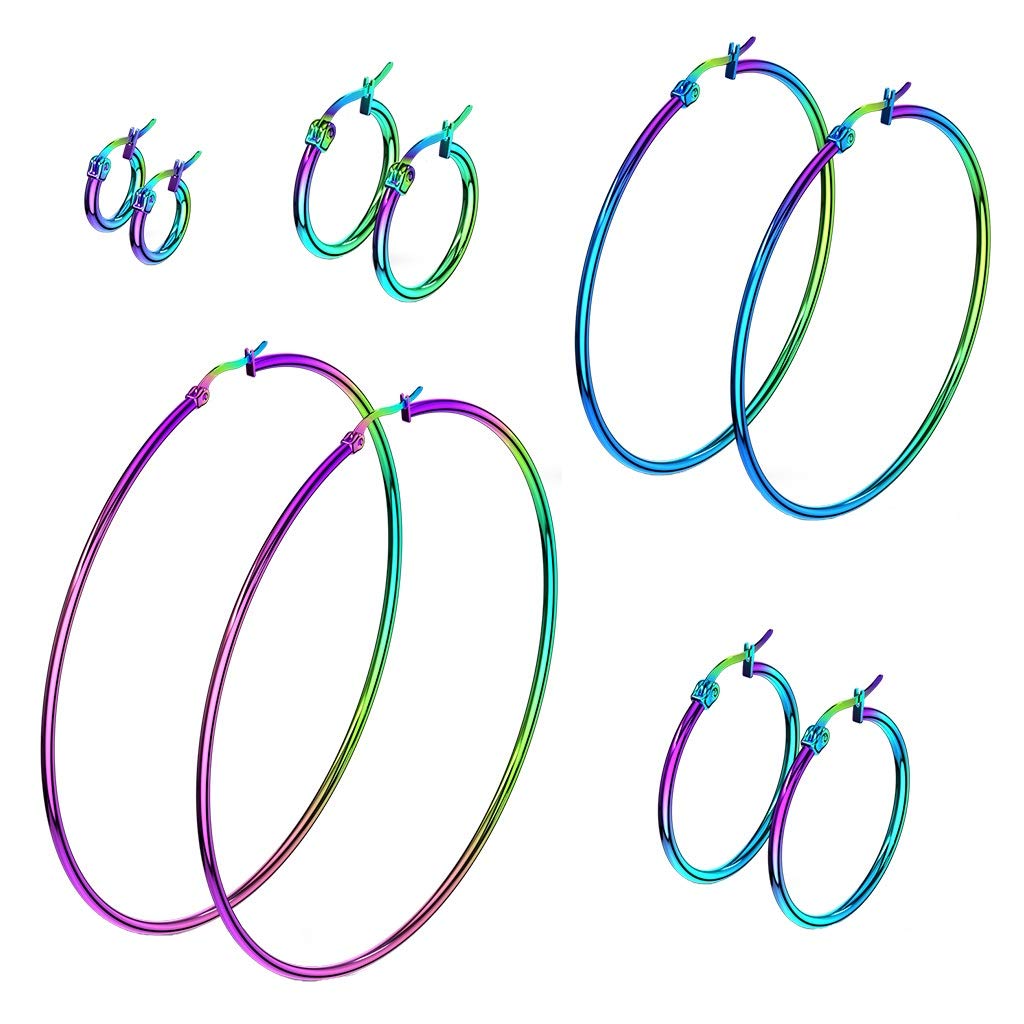 1 Paar Damen CREOLEN Ohrringe Ohrstecker Chirurgenstahl Regenbogen 10 15 20 25 30 35 40 45 50 55 60 65 70 75 mm