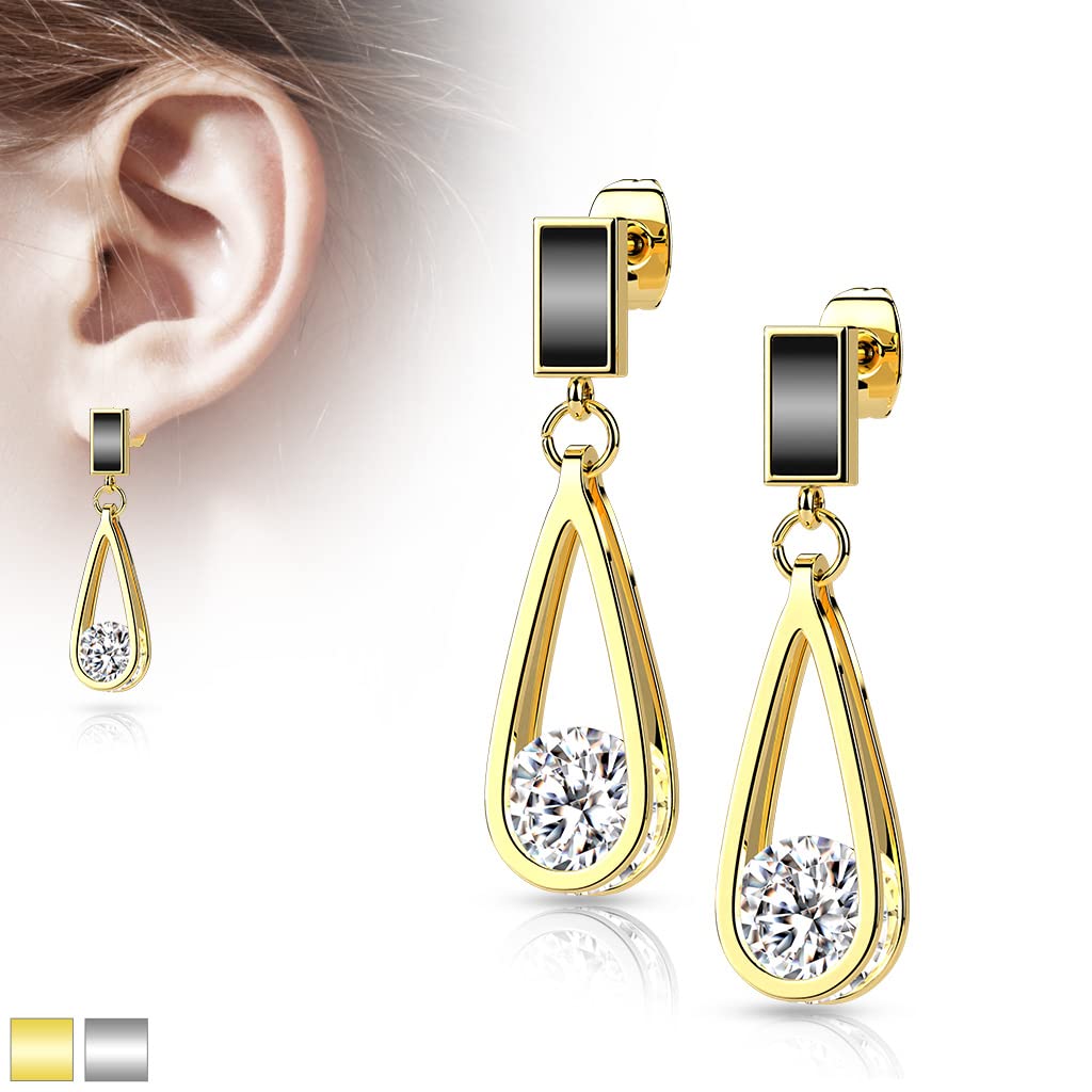 1 Paar Damen Ohrstecker schwarzer Enamel Tropfen-Anhänger Zirkonia Clear Chirurgenstahl Ohrringe Ohrhänger Silber Gold