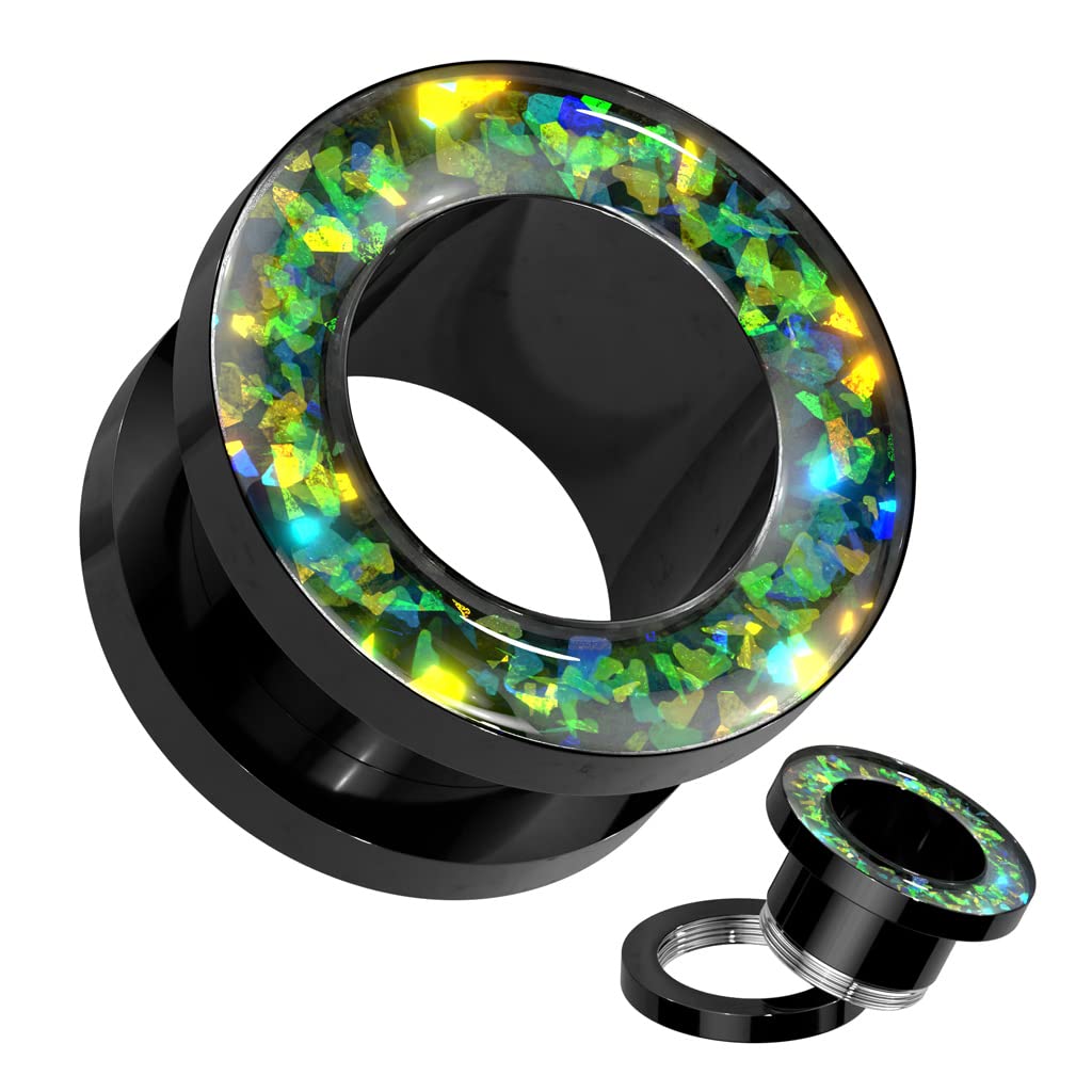 Ohrtunnel Schwarz Opal-Glitzer Rand Grün Chirurgenstahl Ohrpiercing Ohrschmuck Plug Screw Fit Schraubverschluss 8-16mm