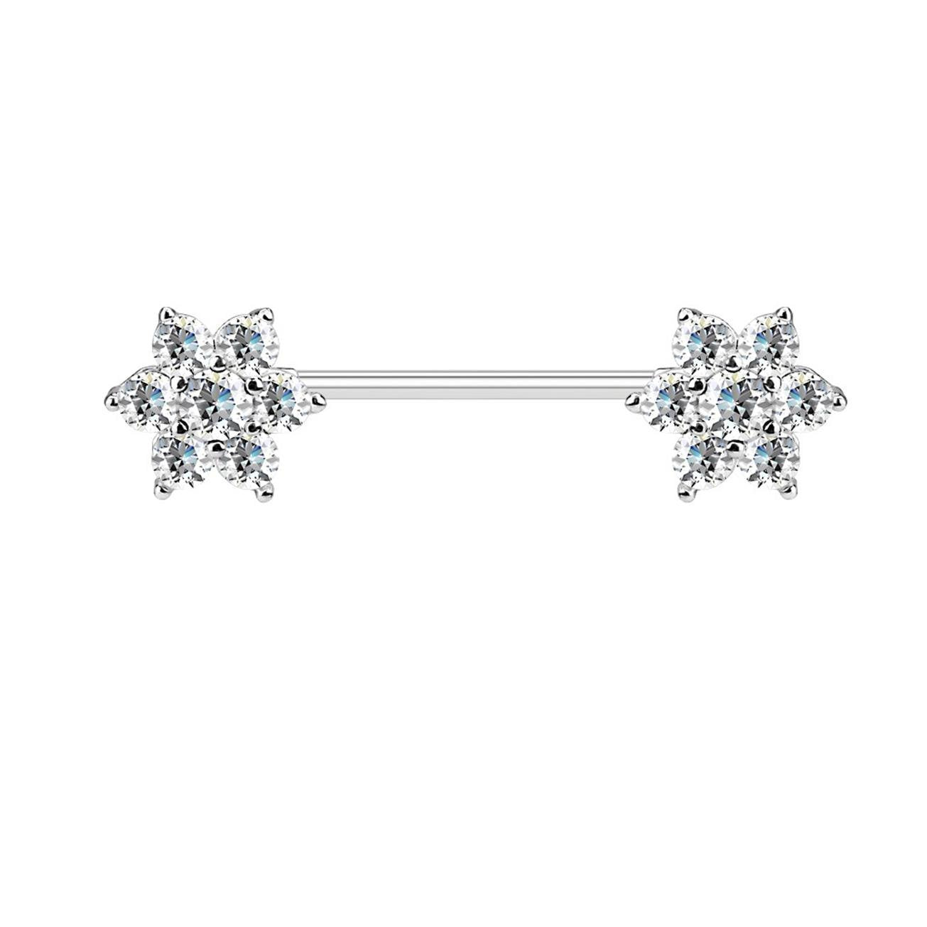 Brustwarzenpiercing GLITZERNDE ZIRKONIA-Blumen Brustpiercing Edelstahl Silber Roségold Gold Clear Pink Aqua Lila Blau 1,6mm 16mm