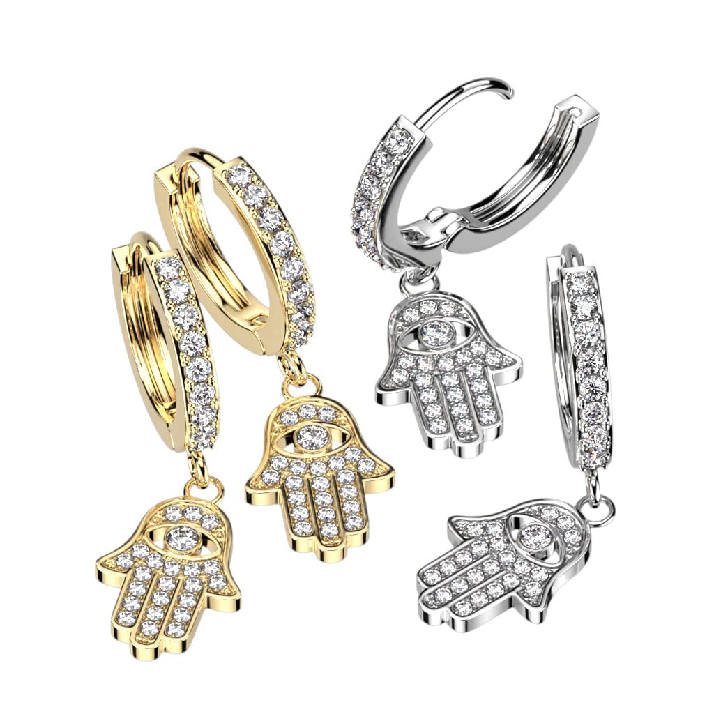 1 Paar Damen Creolen Ohrhänger Anhänger Hamsa-Hand Pavé Zirkonia Clear Ohrringe Ohrstecker Silber Gold