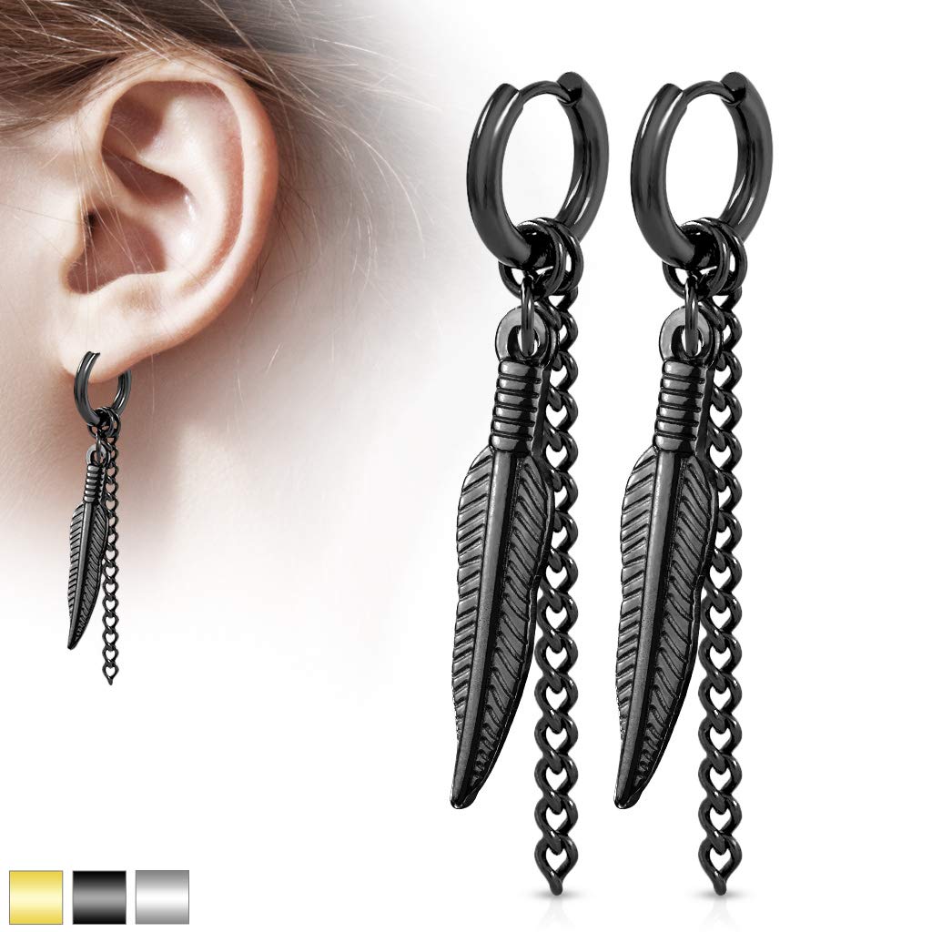 1 Paar Damen Ohrringe CREOLE Feder-Ketten Anhänger 2mm breit Ohrstecker Chirurgenstahl Gold Schwarz Silber 8mm
