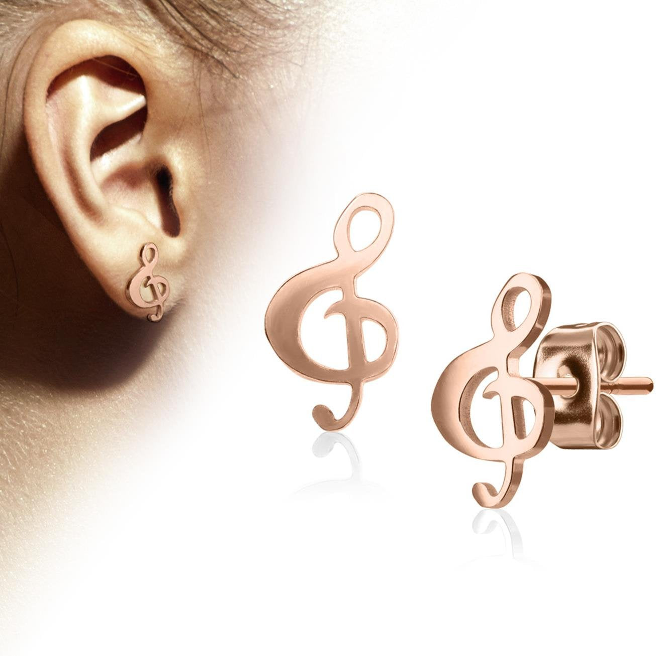 1 Paar funkelnde Ohrringe GROSSER NOTENSCHLÜSSEL 6,5x12 mm Ohrringe Ohrstecker Chirurgenstahl Set Silber Roségold Gold
