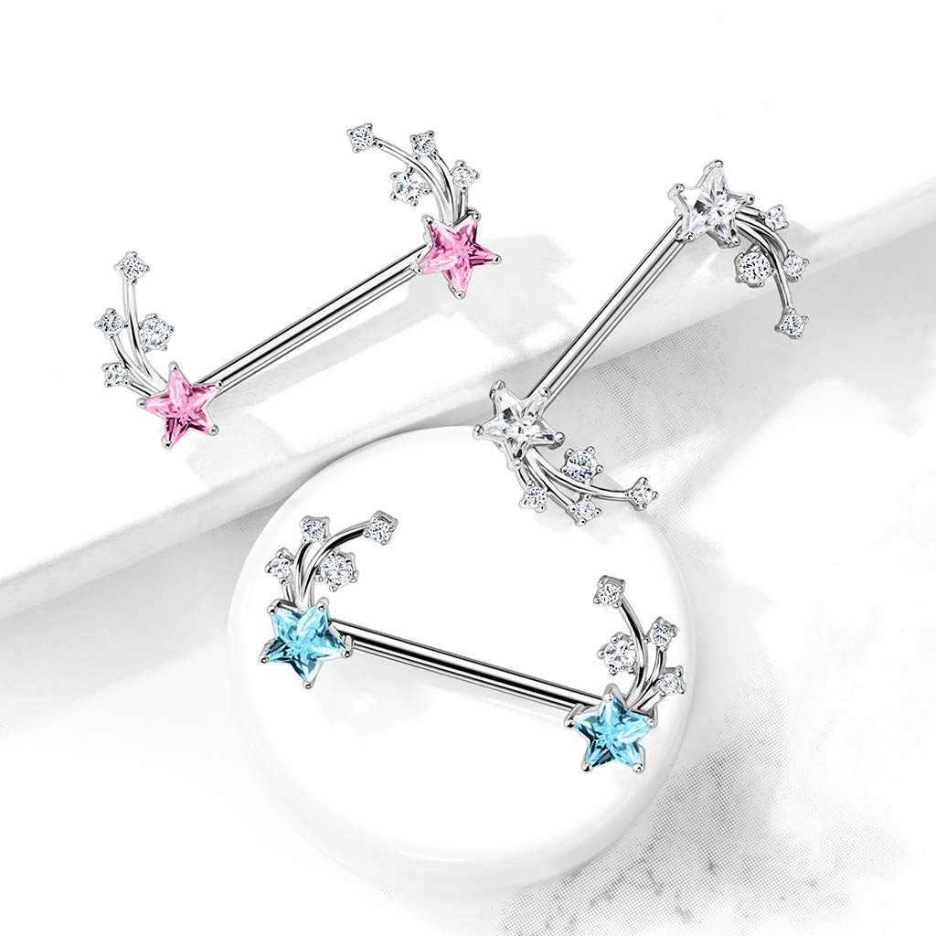 Brustwarzenpiercing Stern-schnuppen Silber Clear Pink Aqua Brustpiercing Nippelpiercing Intimpiercing Chirurgenstahl Stab 16mm