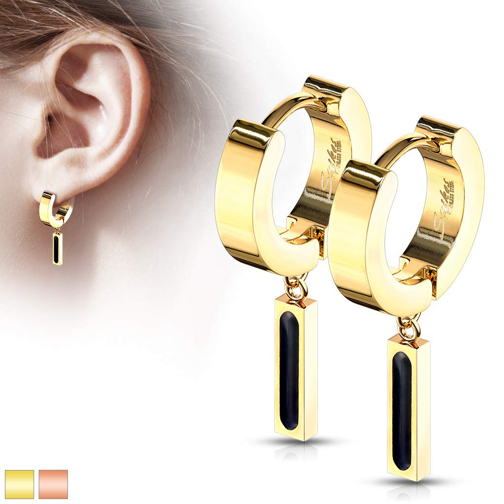 1 Paar Damen CREOLEN Anhänger schwarzer Balken Ohrringe Ohrstecker Chirurgenstahl Gold Roségold 28mm