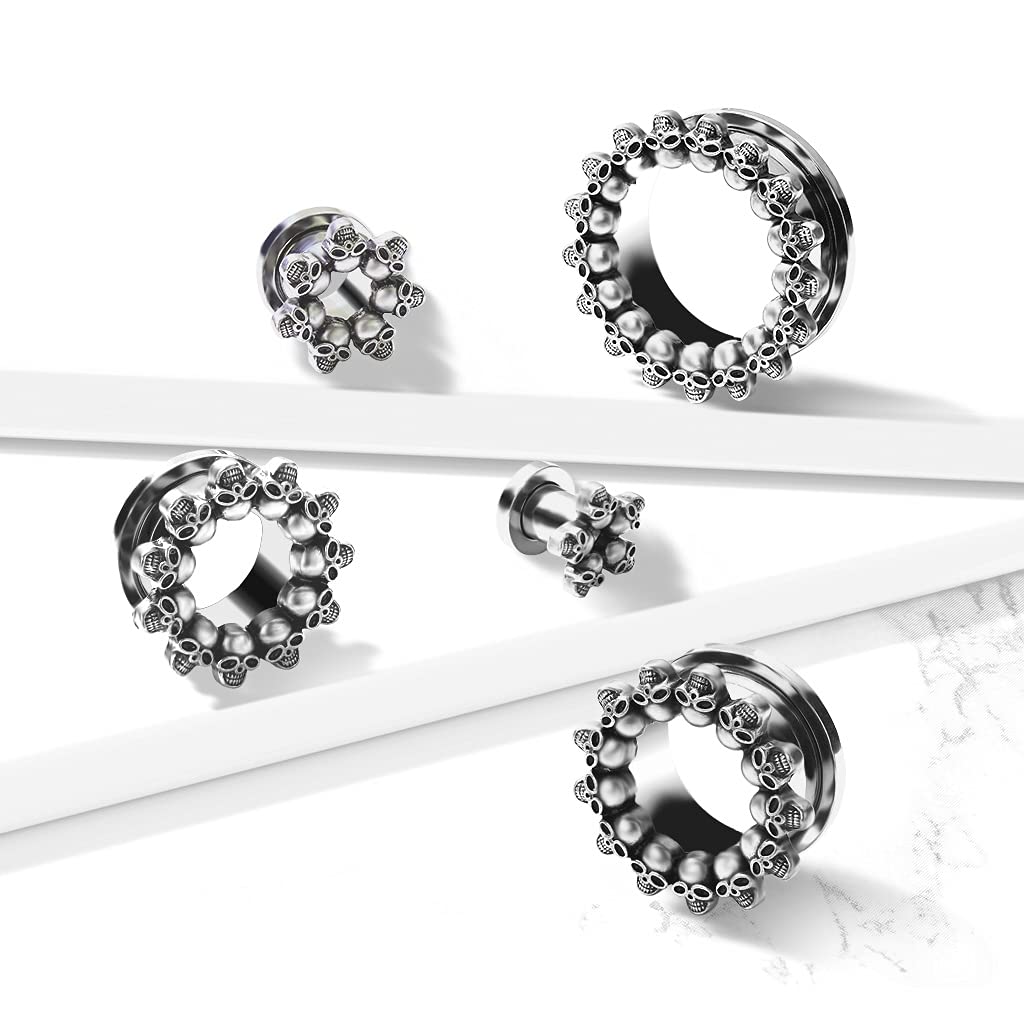 Ohrtunnel Silber Totenkopf-Kreis Chirurgenstahl Ohrpiercing Ohrschmuck Plug Screw Fit Flesh Schraubverschluss 6-25mm